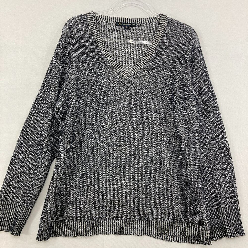 Brooks Brothers 346 Men's Large Navy White Linen‎ Blend V neck Preppy Sweater
